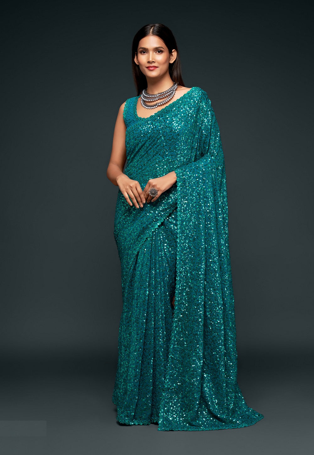 Georgette Sequined Saree in Teal Blue