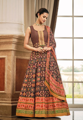 Art Silk Patola Print Flared Gown in Brown