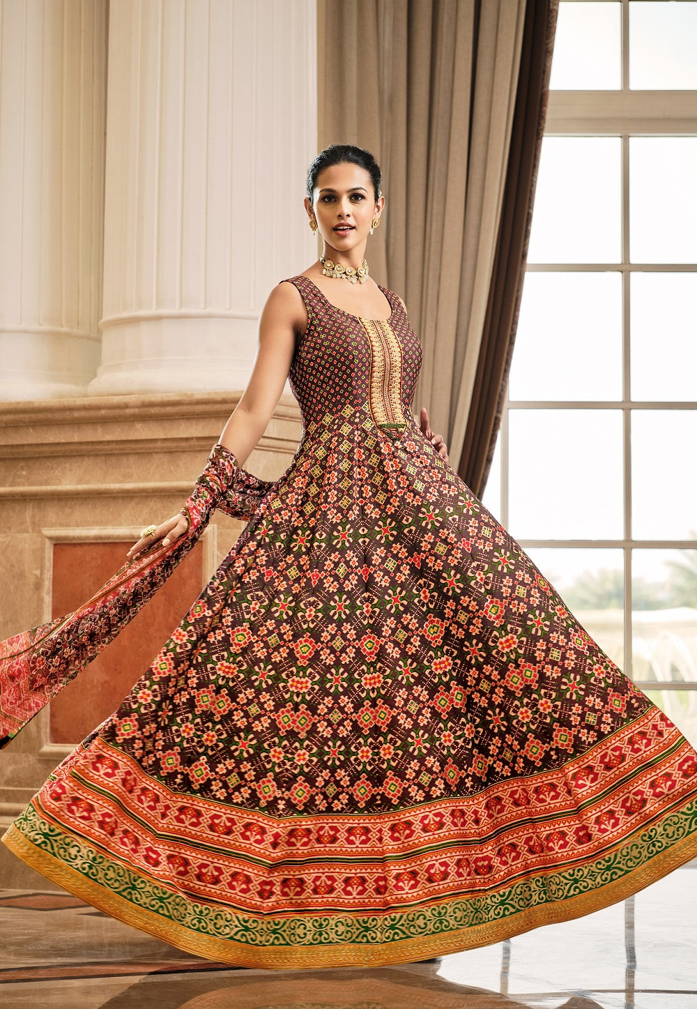 Art Silk Patola Print Flared Gown in Brown