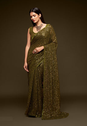 Georgette Sequined Saree in Olive Green