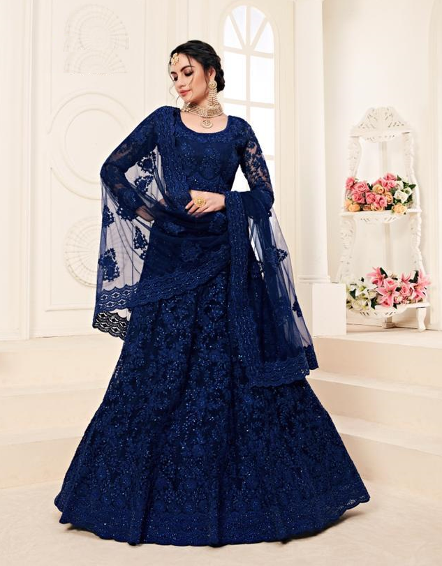 Embroidered Net Lehenga in Royal Blue
