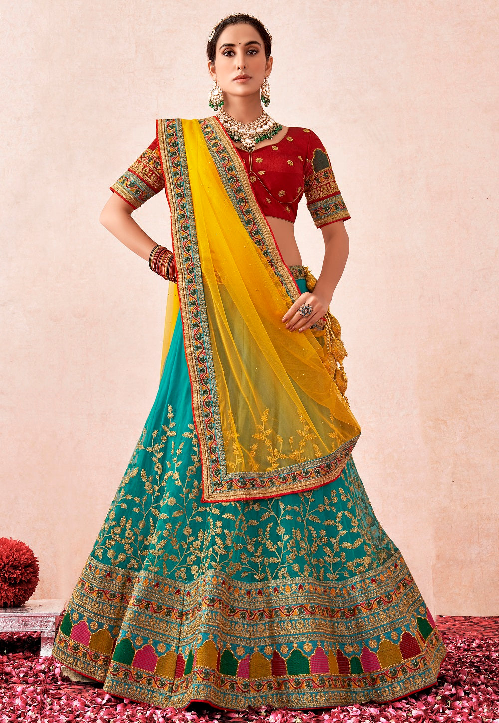 Net Embroidered Lehenga in Turquoise Green