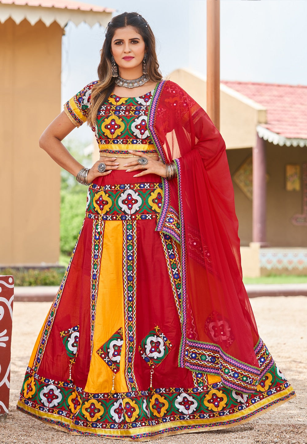 Navratri Special Cotton Lehenga in Red and Yellow