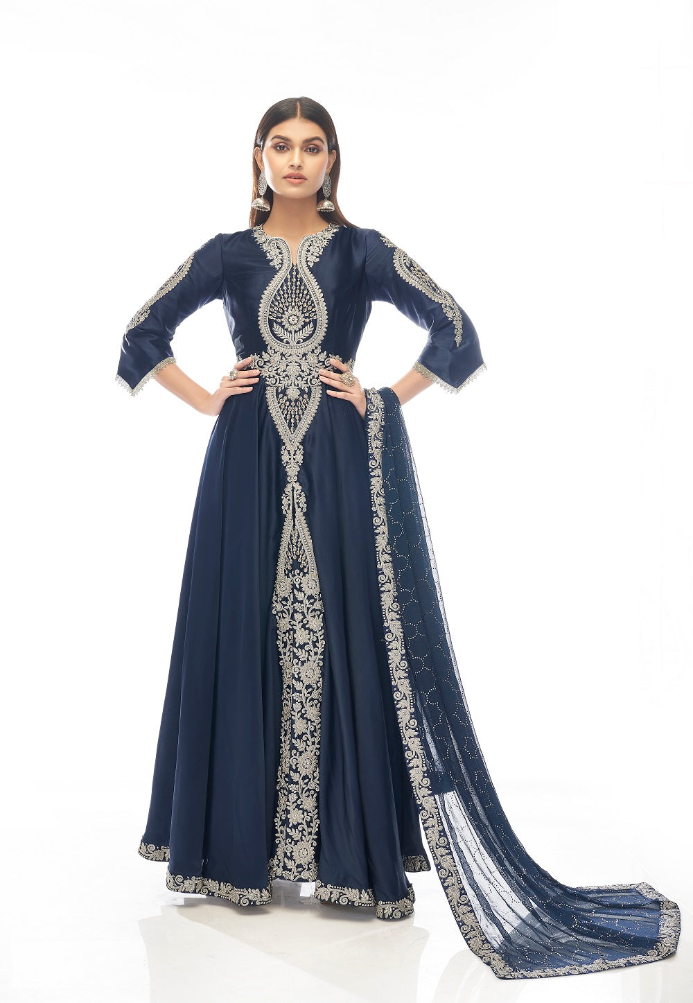 Satin Embroidered Front Slit Abaya Style Suit in Navy Blue