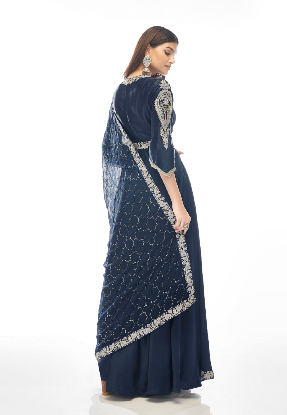 Satin Embroidered Front Slit Abaya Style Suit in Navy Blue