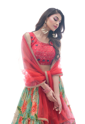Chinon Embroidered Lehenga in Peach and Green