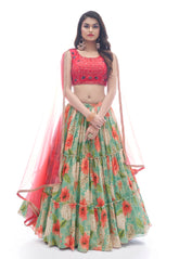 Chinon Embroidered Lehenga in Peach and Green