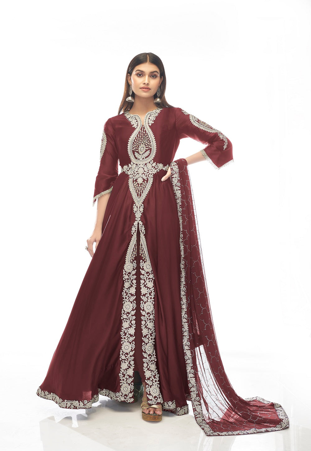 Satin Embroidered Front Slit Abaya Style Suit in Maroon