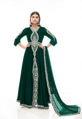Satin Embroidered Front Slit Abaya Style Suit in Dark Green
