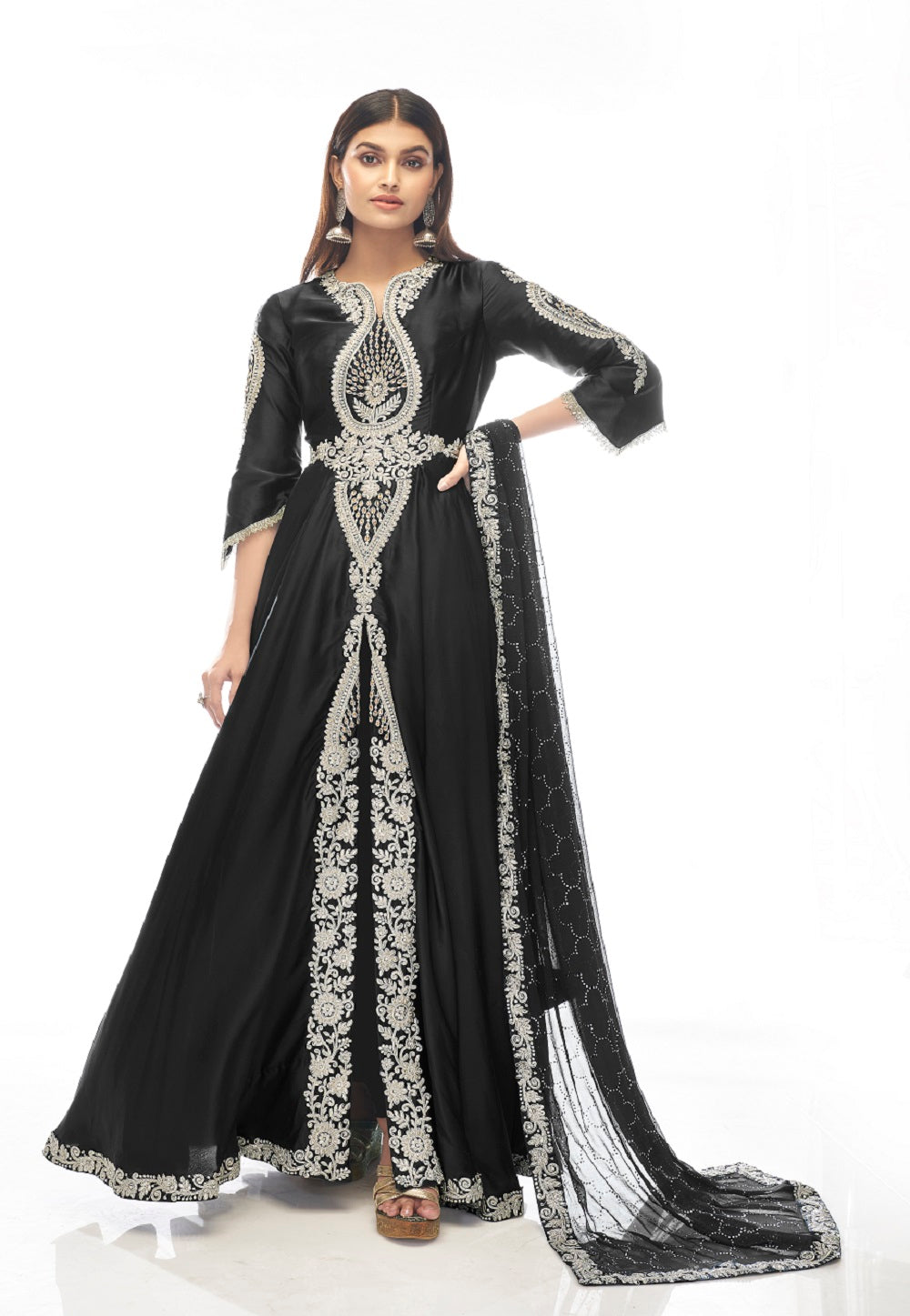 Satin Embroidered Front Slit Abaya Style Suit in Black