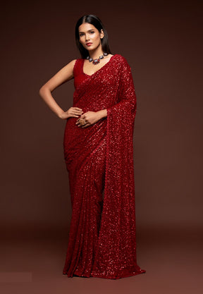 Georgette Sequined Saree in Red
