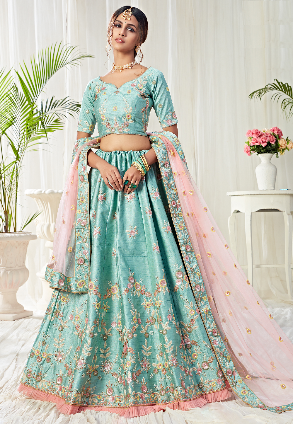 Embroidered Mulberry Silk Lehenga in Sky Blue