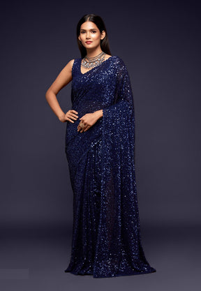 Georgette Sequined Saree in Navy Blue