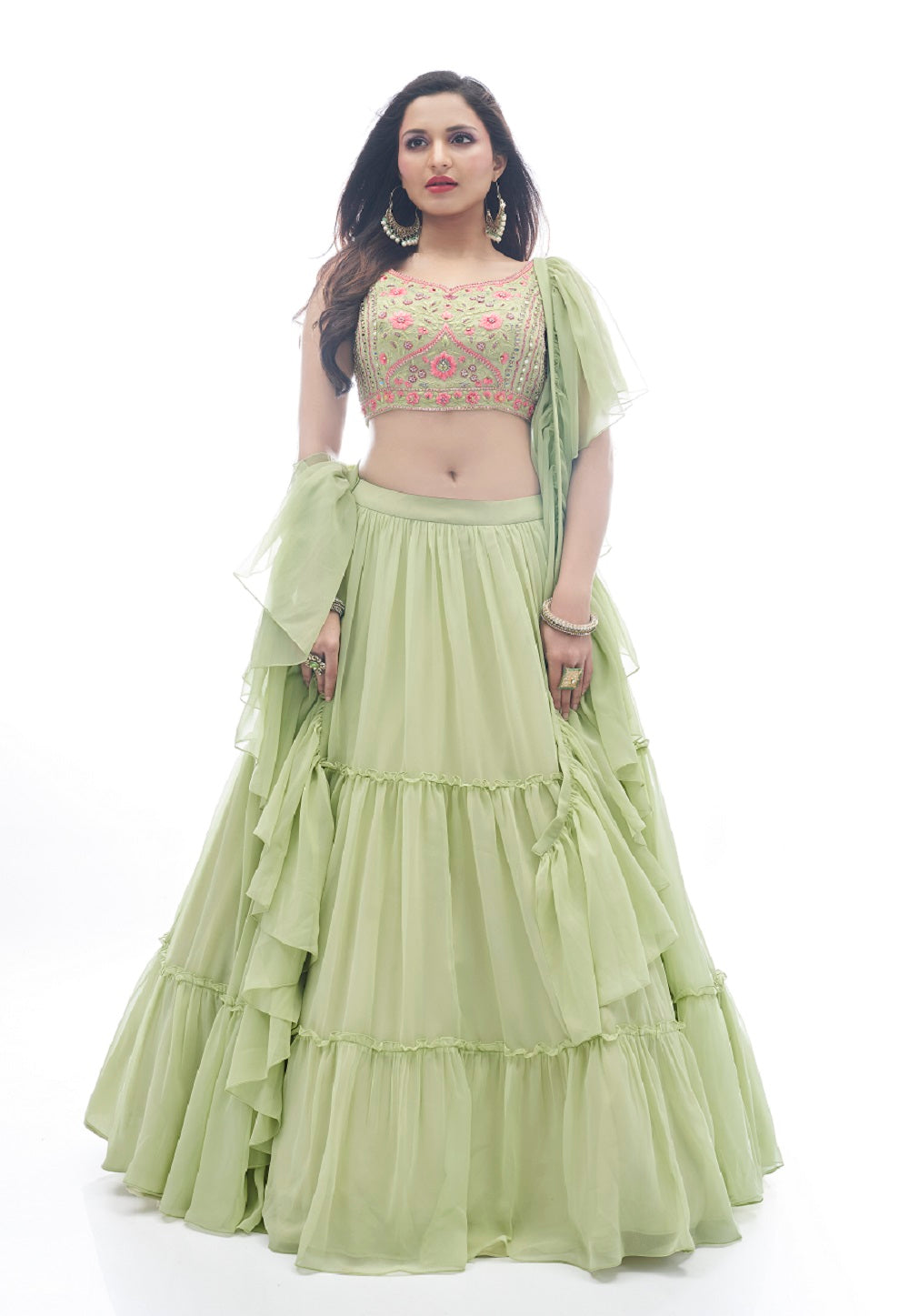 Georgette Embroidered Lehenga in Green Color