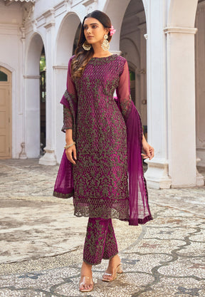 Net Embroidered Pakistani Suit in Purple