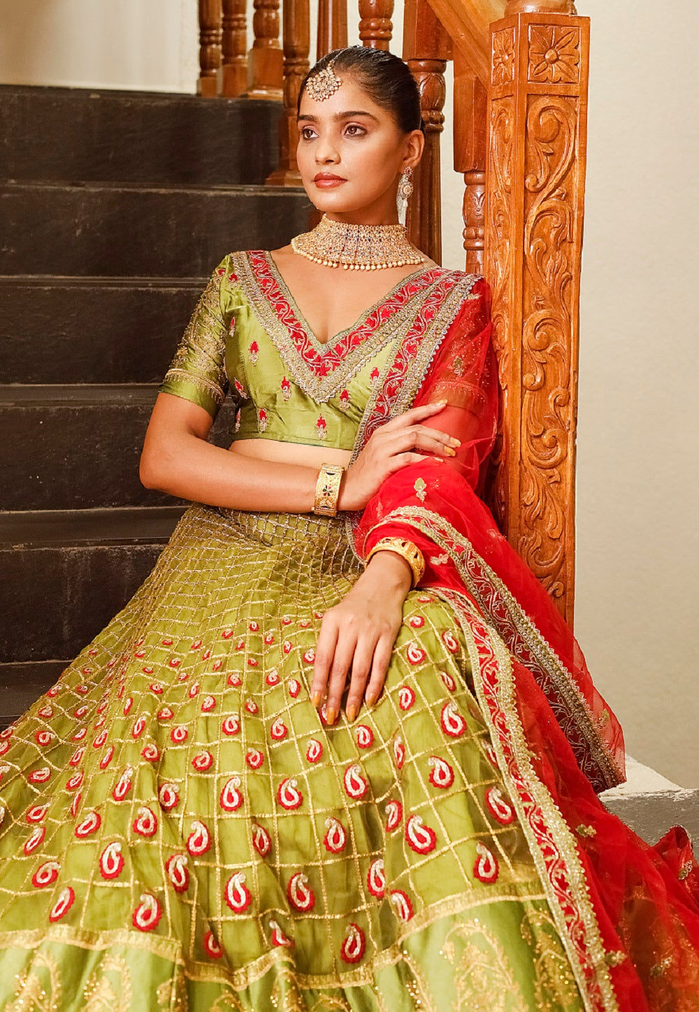 Net Embroidered Lehenga in Olive Green