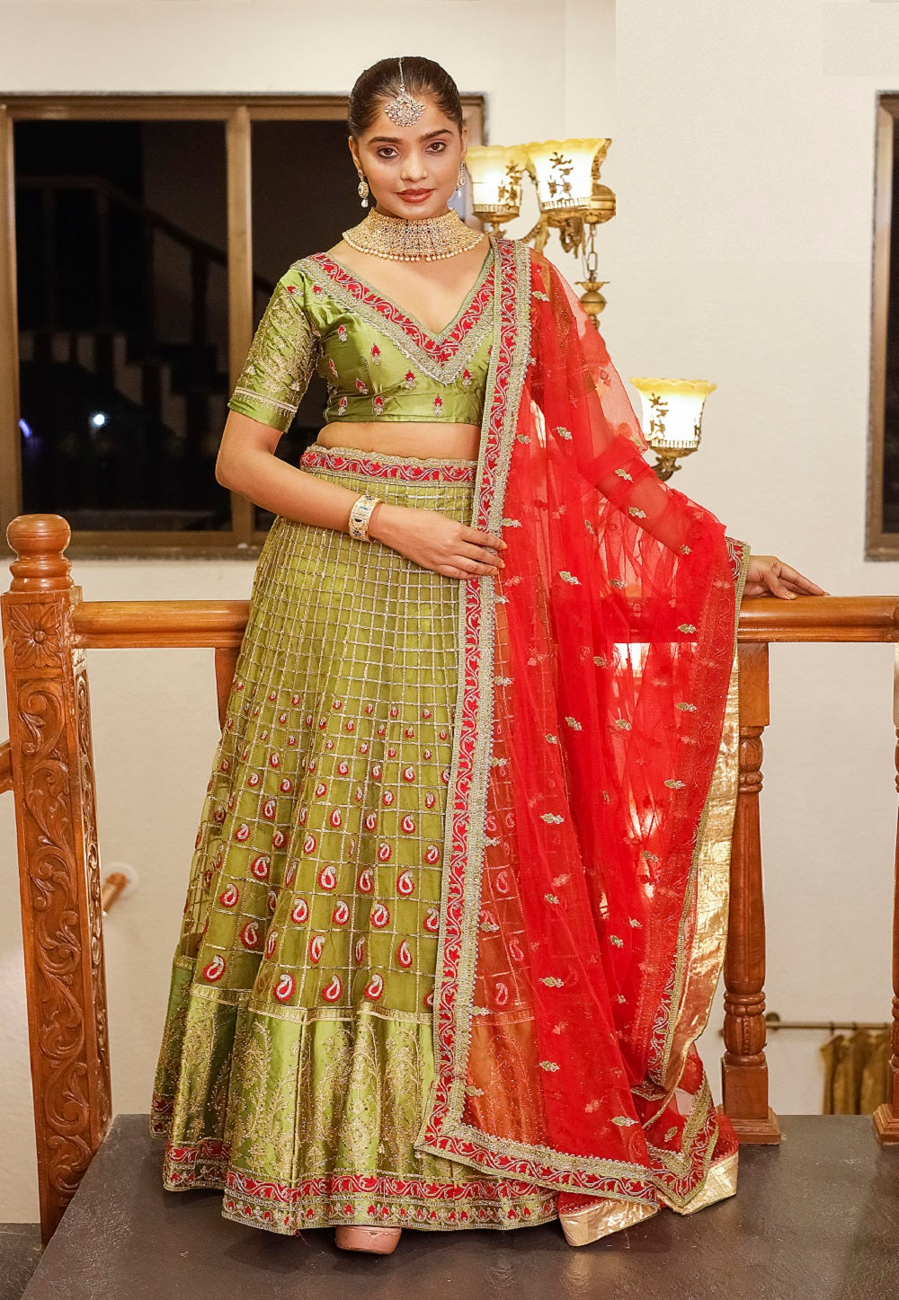 Net Embroidered Lehenga in Olive Green