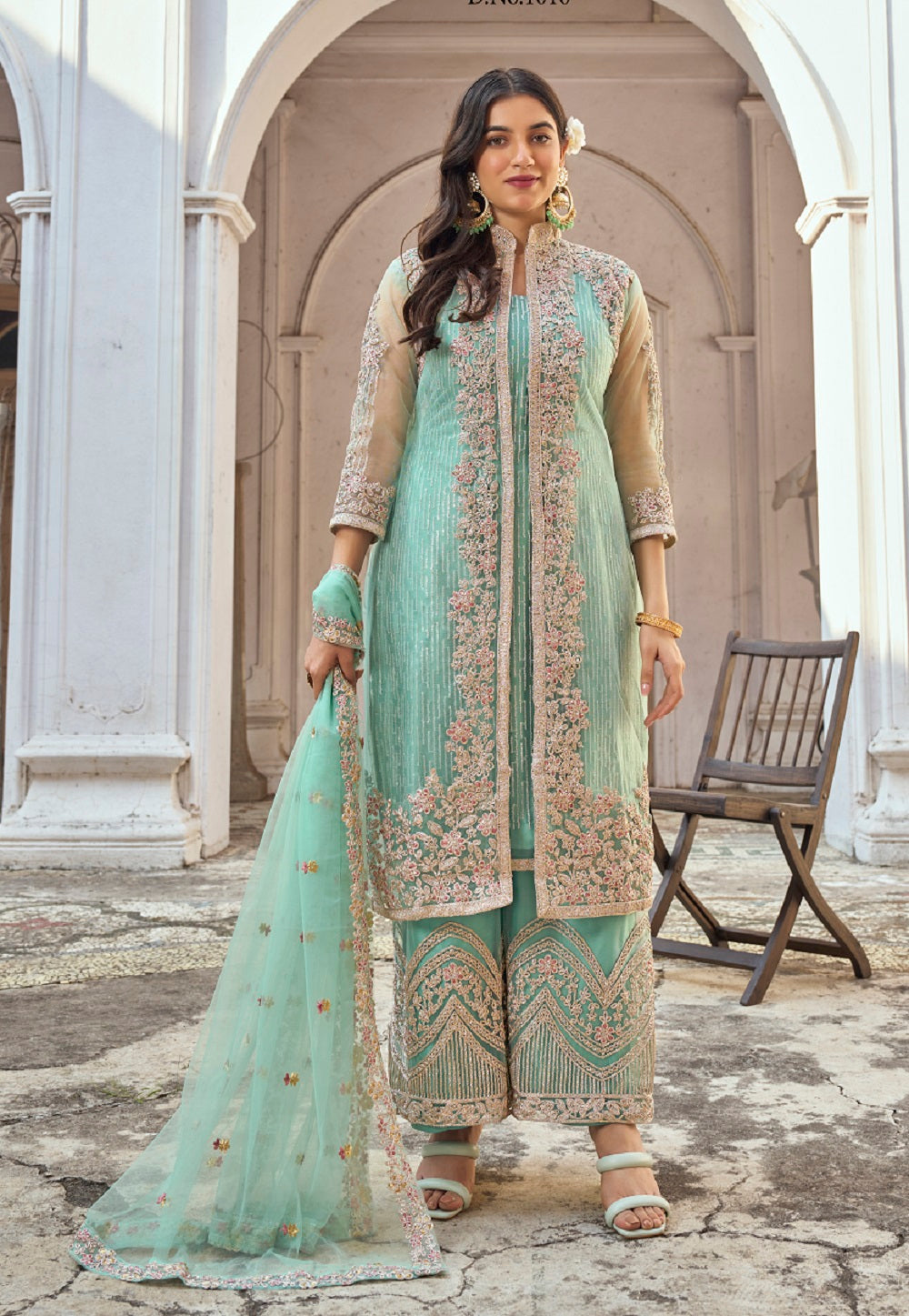 Net Embroidered Pakistani Suit in Sea Green