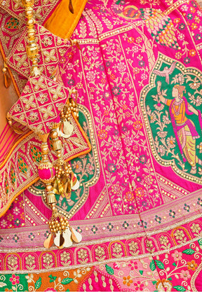 Woven Art Silk Lehenga in Pink and Orange
