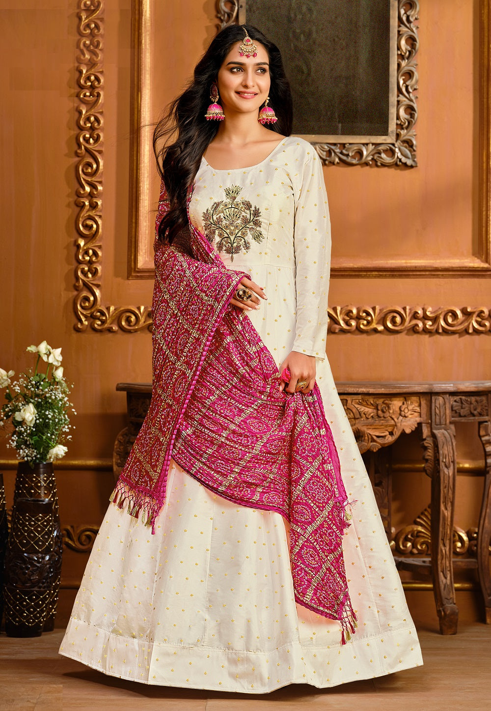 Embroidered Tafetta Silk Abaya Style Suit in Off White