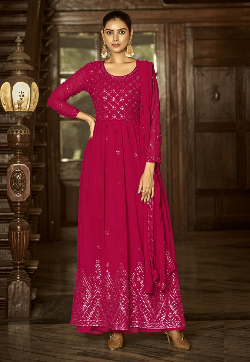 Georgette Embroidered Abaya Style Suit in Fuchsia