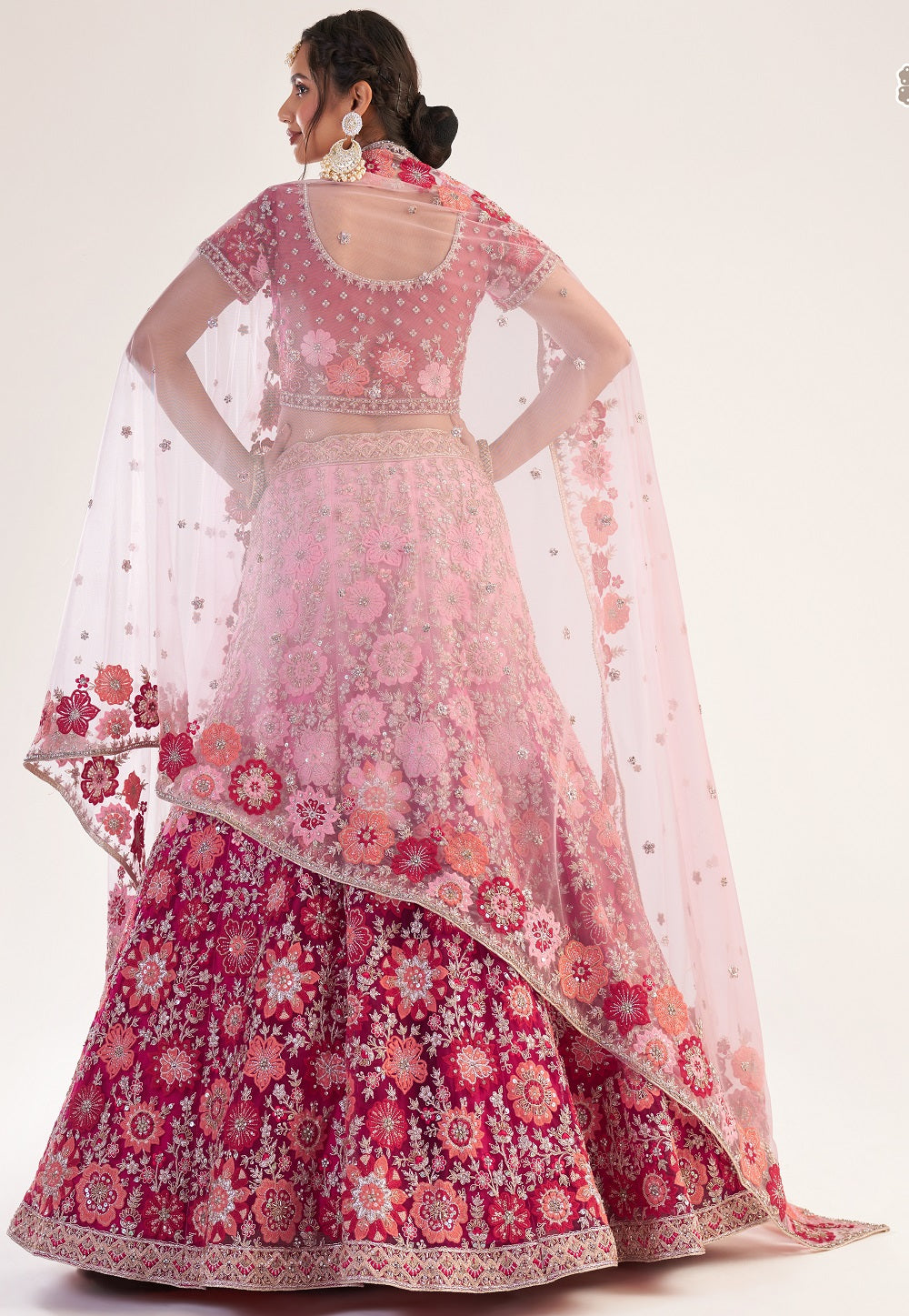 Embroidered Net Lehenga in Shaded Pink and Fuchsia
