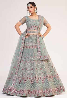 Embroidered Net Lehenga in Dusty Green