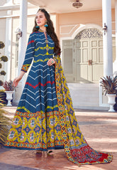 Patola Printed Art Silk Abaya Style Suit in Blue