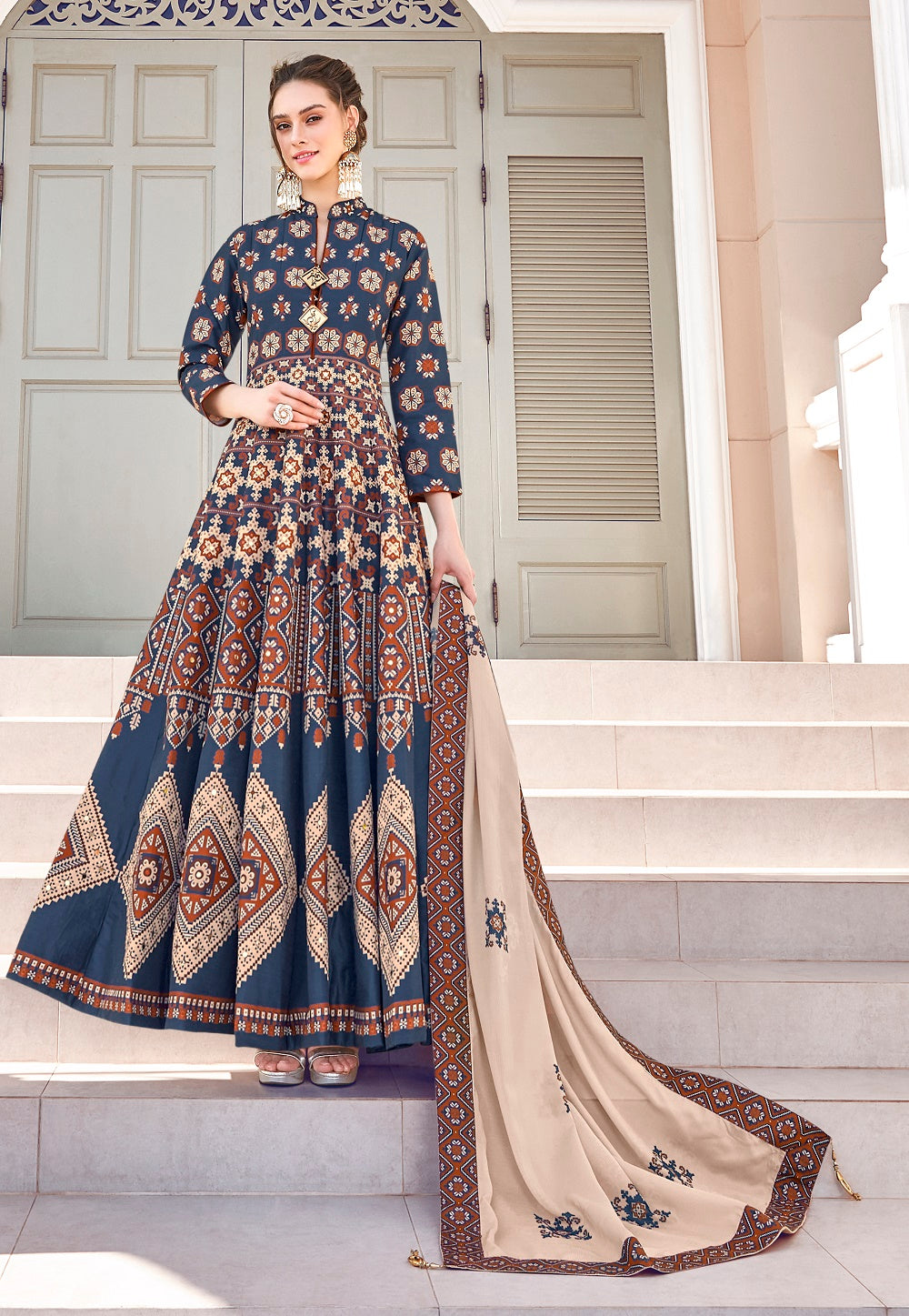 Patola Printed Abaya Style Suit in Navy Blue