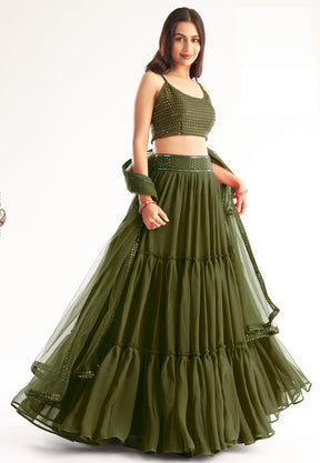 Embroidered Green Georgette Lehenga in Olive Green