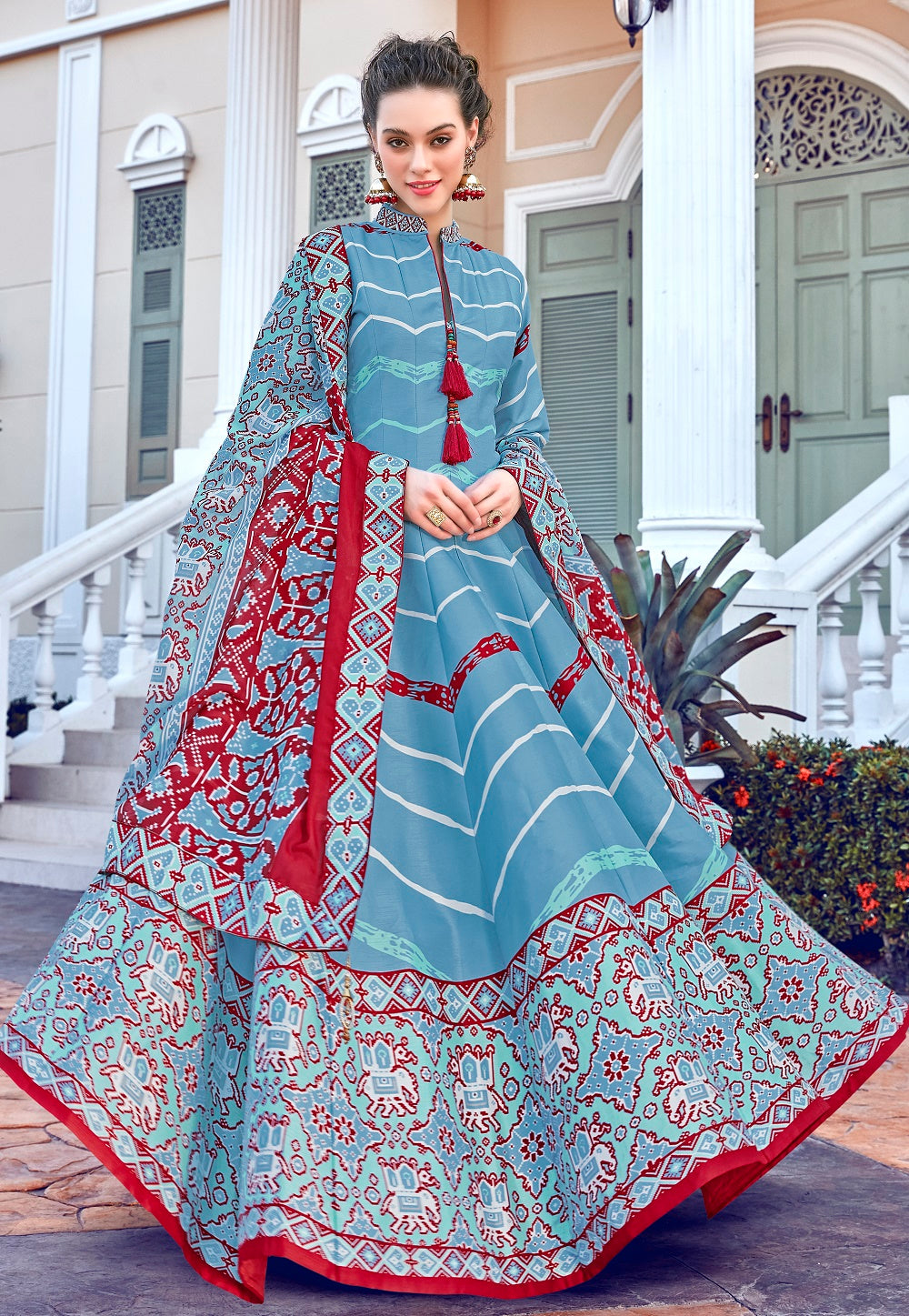 Patola Printed Art Silk Abaya Style Suit in Sky Blue