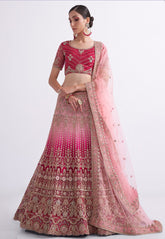 Net Embroidered Lehenga in Shaded Pink
