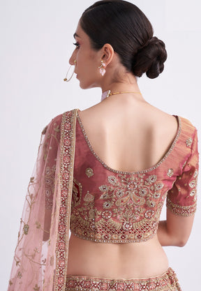 Art Silk Embroidered Lehenga in Shaded Old Rose and Red