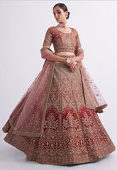 Art Silk Embroidered Lehenga in Shaded Old Rose and Red