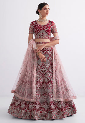 Net Embroidered Lehenga in Red