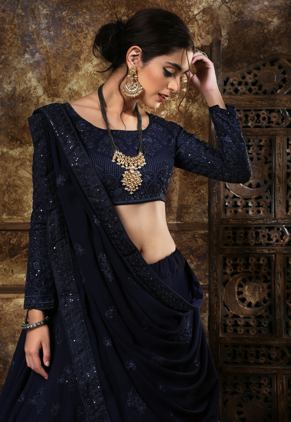 Embroidered Georgette Lehenga in Navy Blue