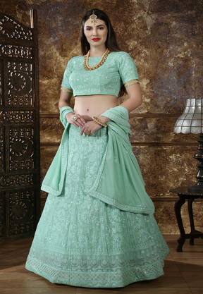 Embroidered Georgette Lehenga in Pastel Green