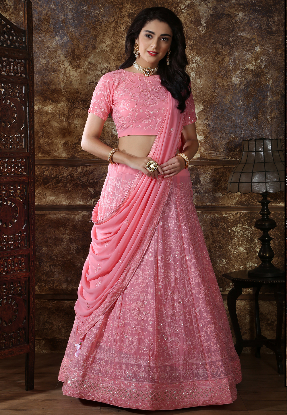 Embroidered Georgette Lehenga in Dusty Pink