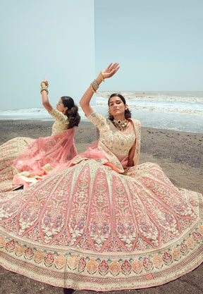 Net Embroidered Lehenga in Cream and Pink