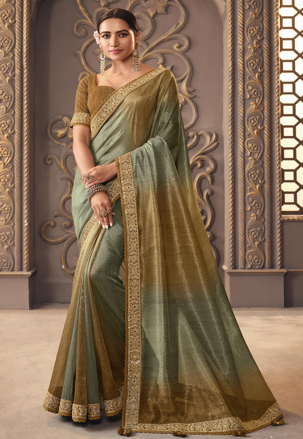 Viscose Embroidered Saree in Green and Brown