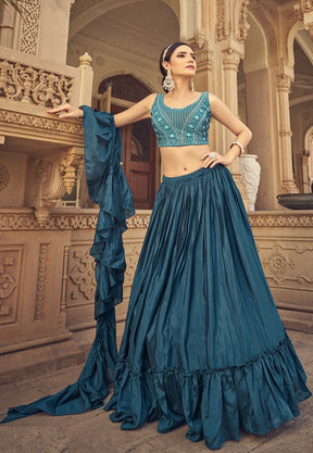 Chinnon Chiffon Embroidered Layered Lehenga in Teal Blue