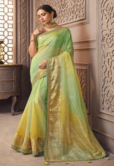 Organza Woven Silk Saree in Green and Yellow