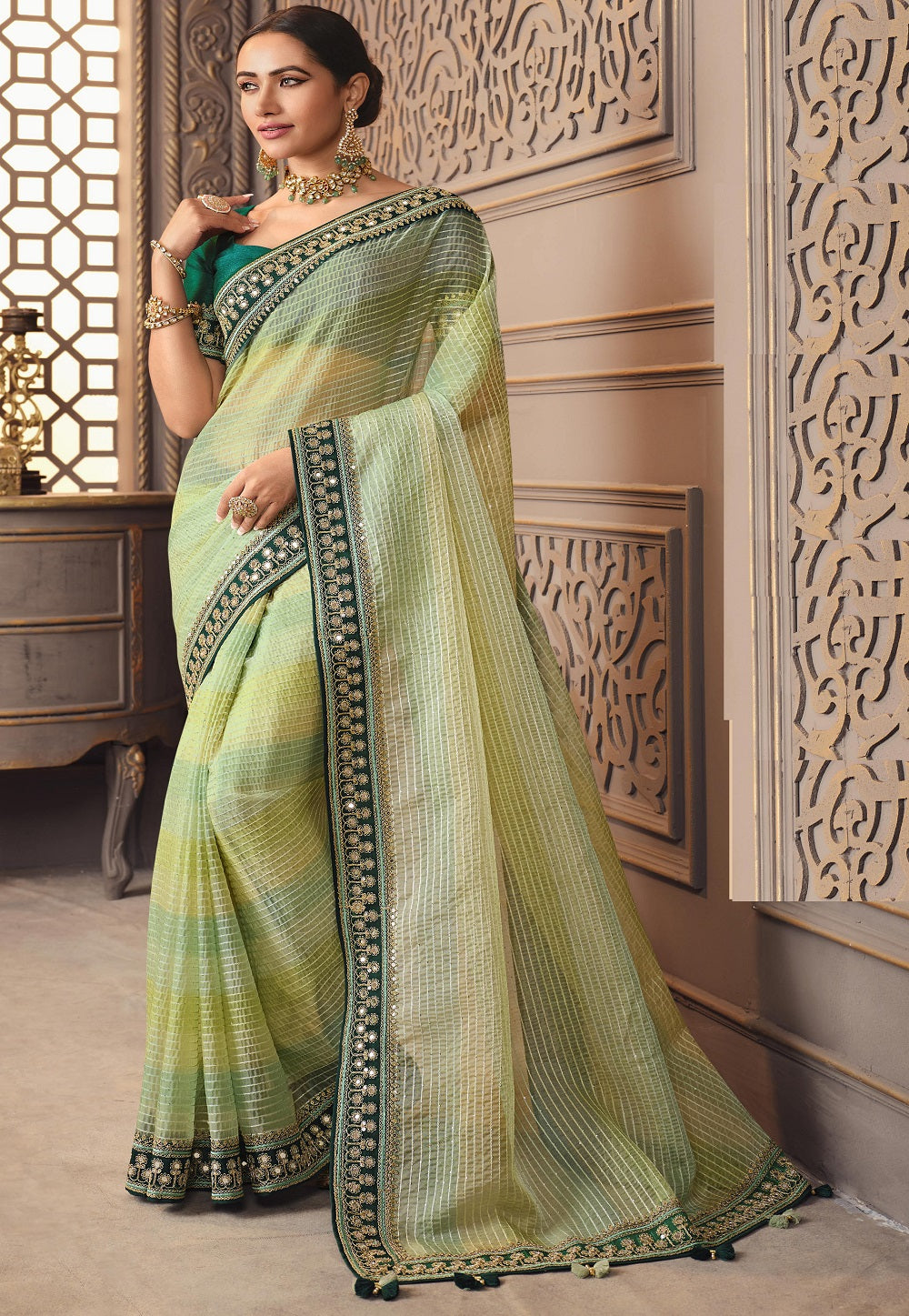 Organza Embroidered Saree in Light Green