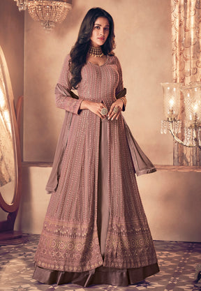 Embroidered Georgette Abaya Style Suit in Rosy Brown
