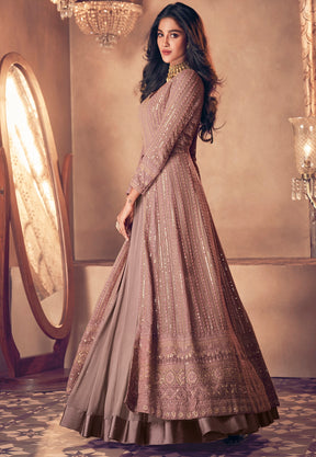Embroidered Georgette Abaya Style Suit in Rosy Brown
