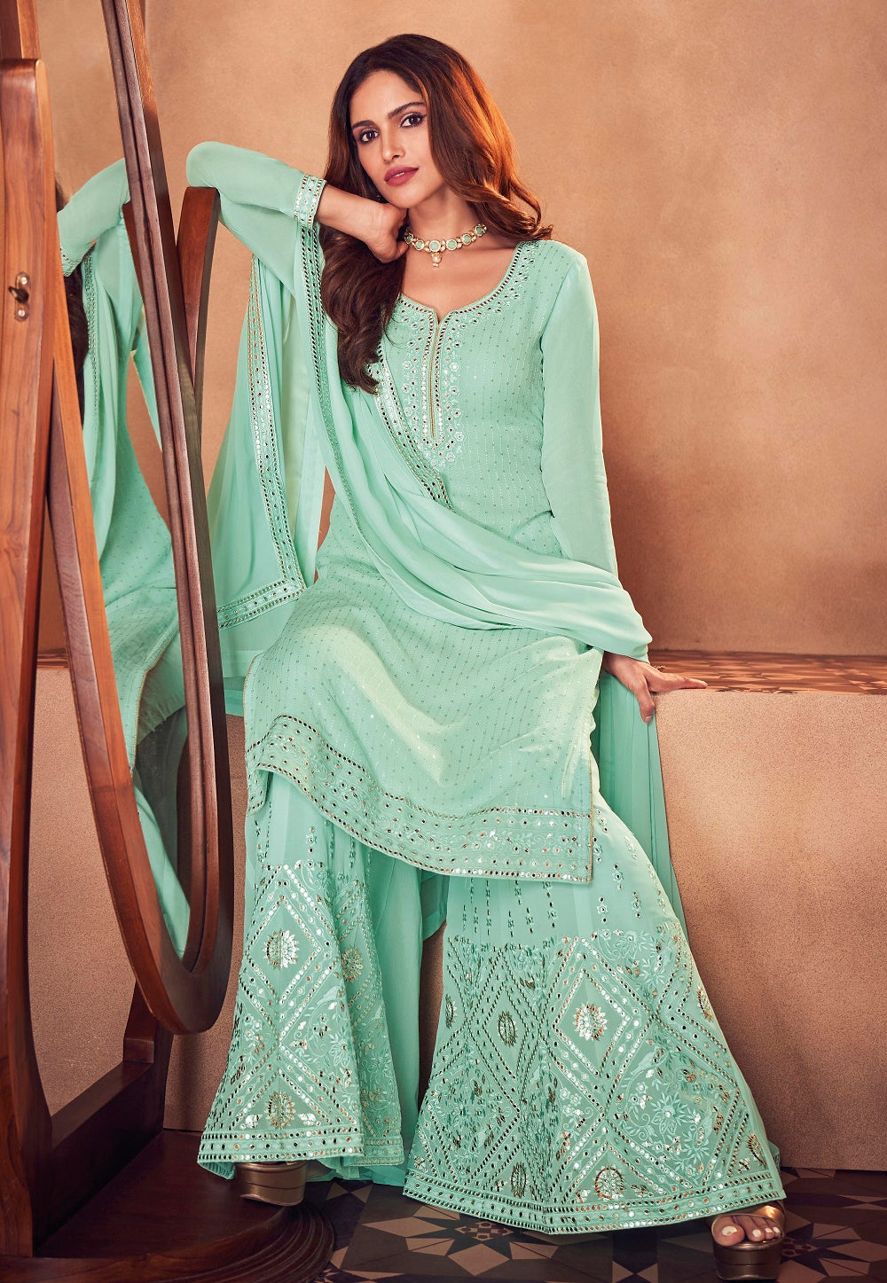Embroidered Georgette Pakistani Suit in Turquoise