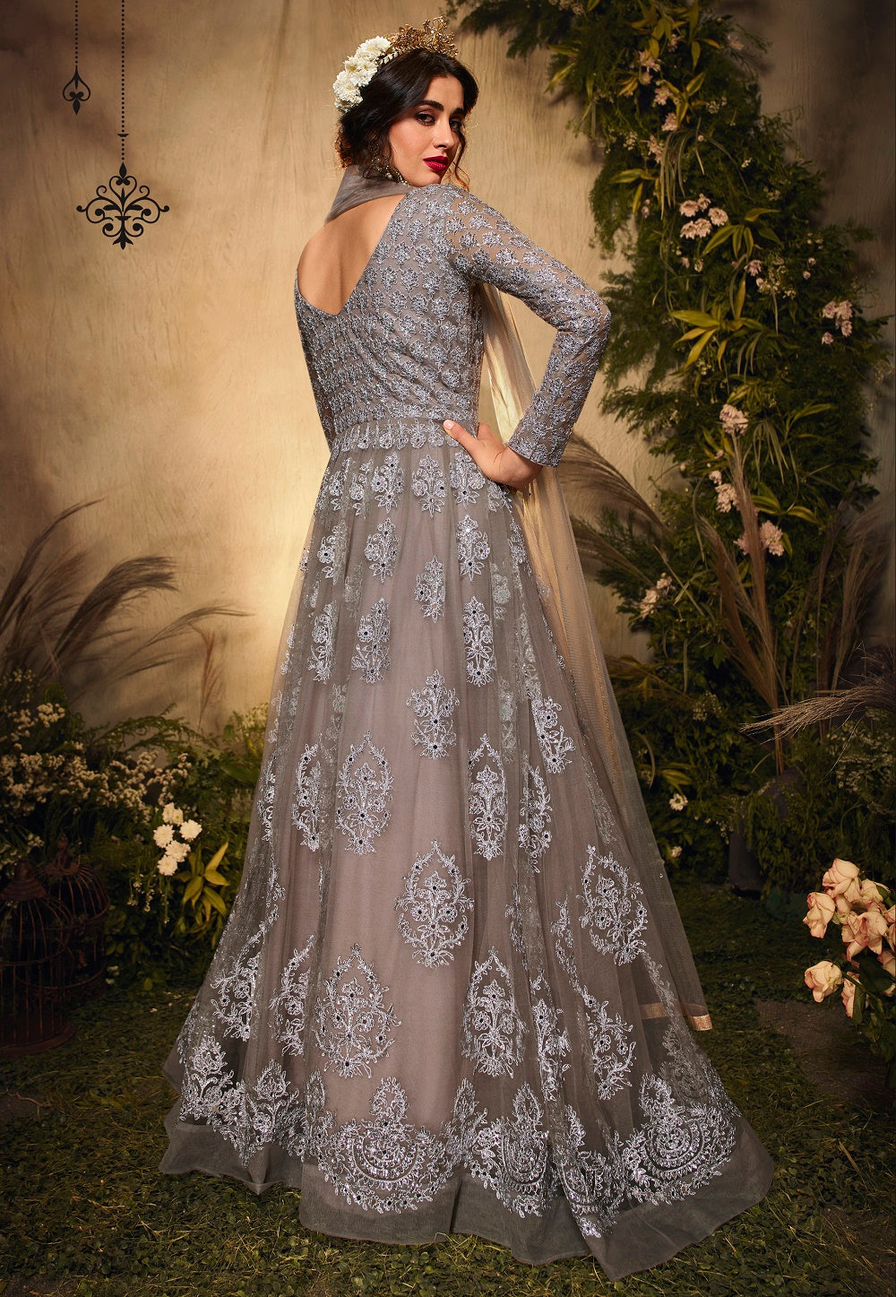 Net Abaya Style Embroidered Suit in Grey