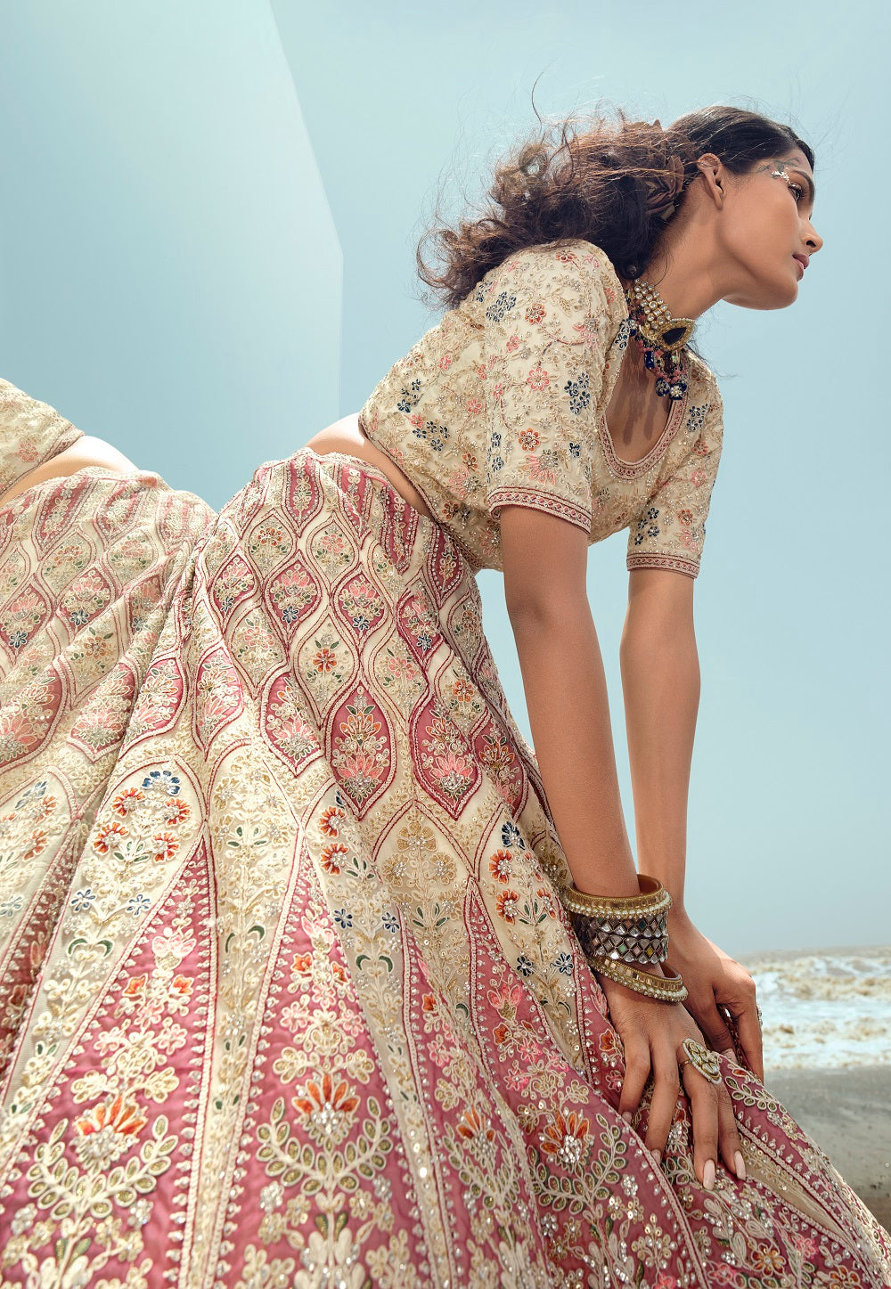 Net Embroidered Lehenga in Cream and Pink