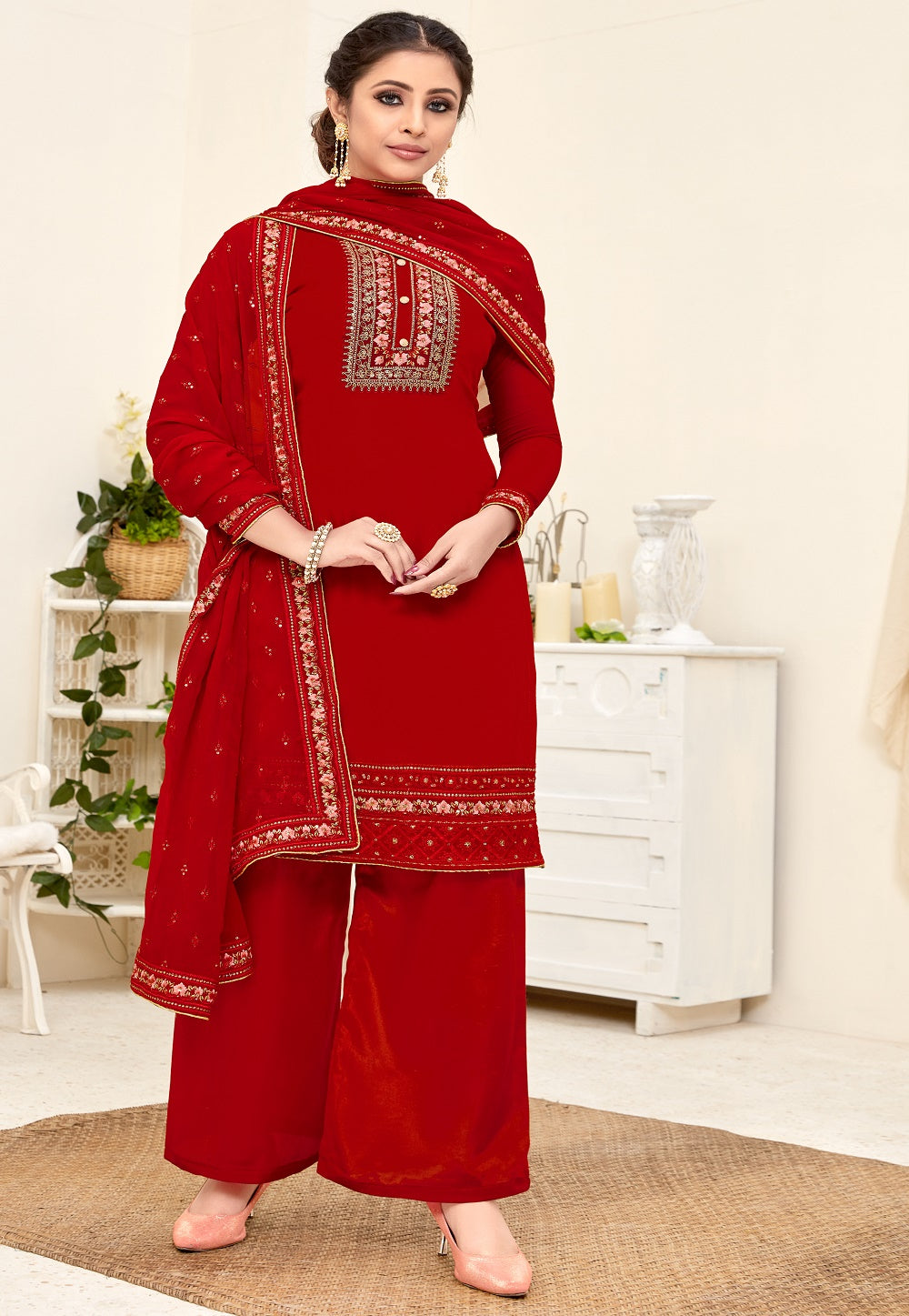 Embroidered Georgette Pakistani Suit in Red