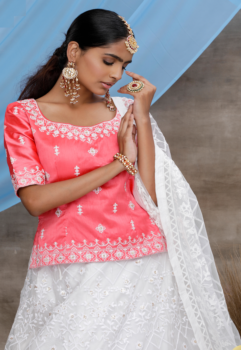 Embroidered Net Lehenga in Pink and White